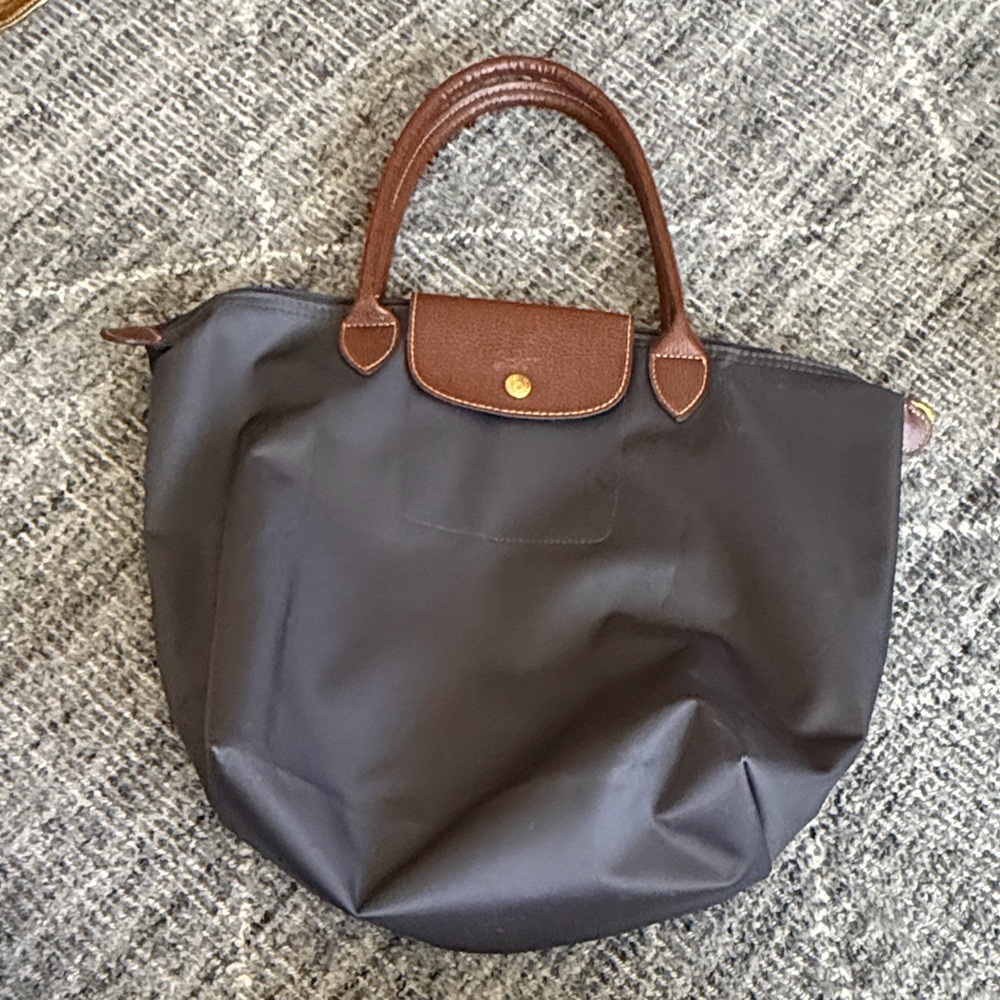 Longchamp Blueish Gray Tote with Brown Leather Handles